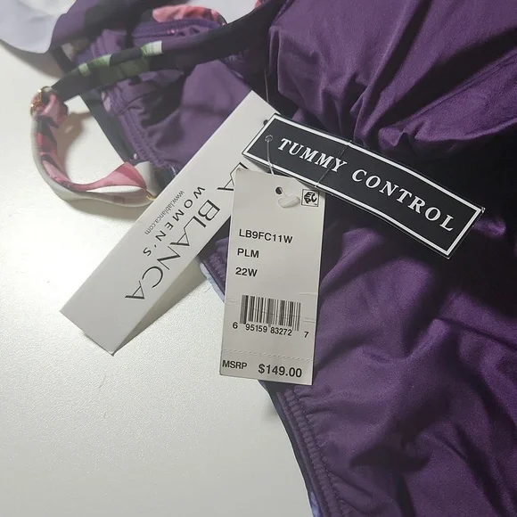 NWT LA BLANCA 22W one piece swimsuit purple with floral print - Picture 4 of 11